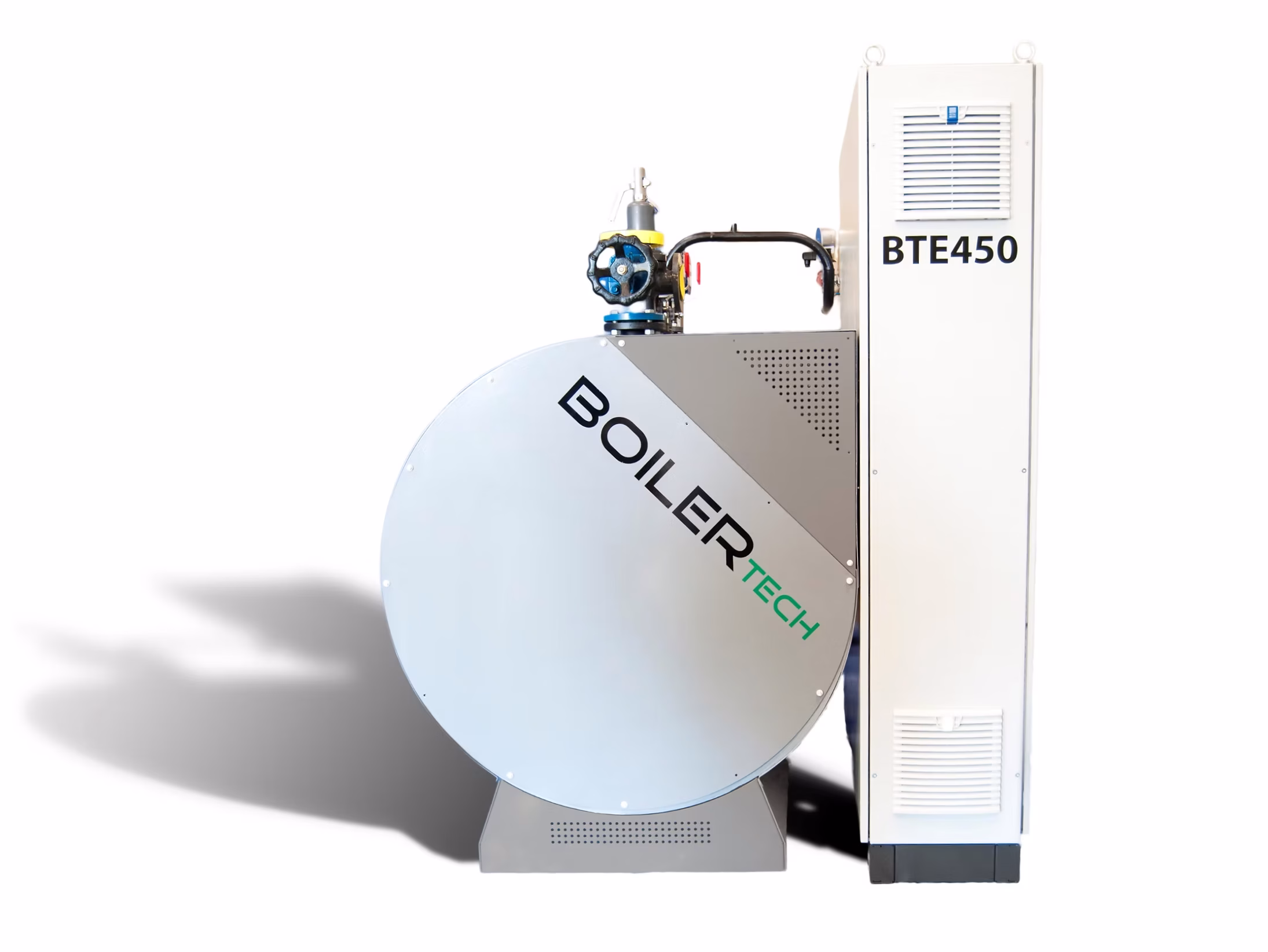 Boilertech BTE 450 industrial boiler with a horizontal cylindrical tank, top-mounted valves, and an accompanying control cabinet.