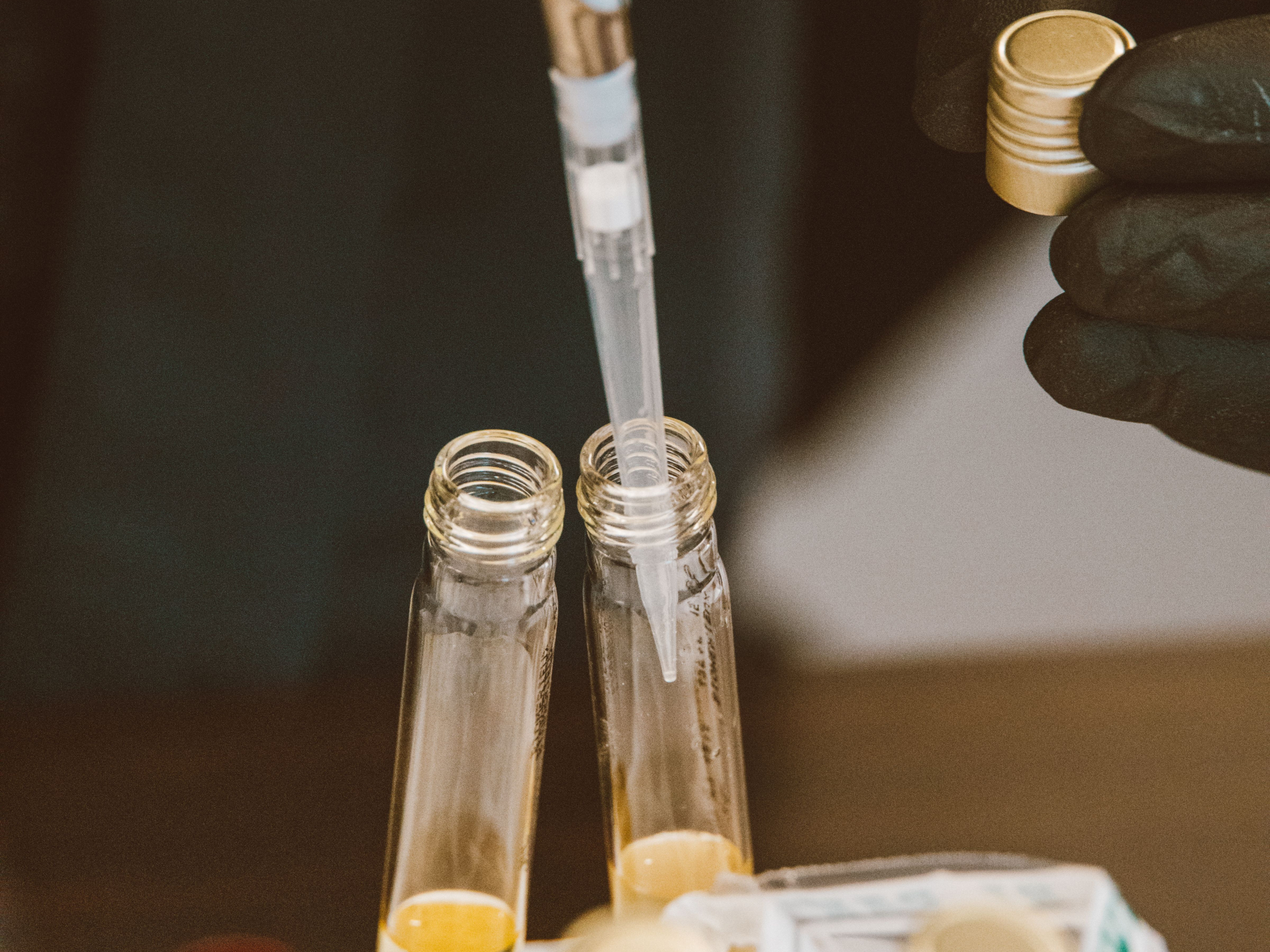 A person wearing black gloves uses a pipette to transfer a yellow liquid into a test tube